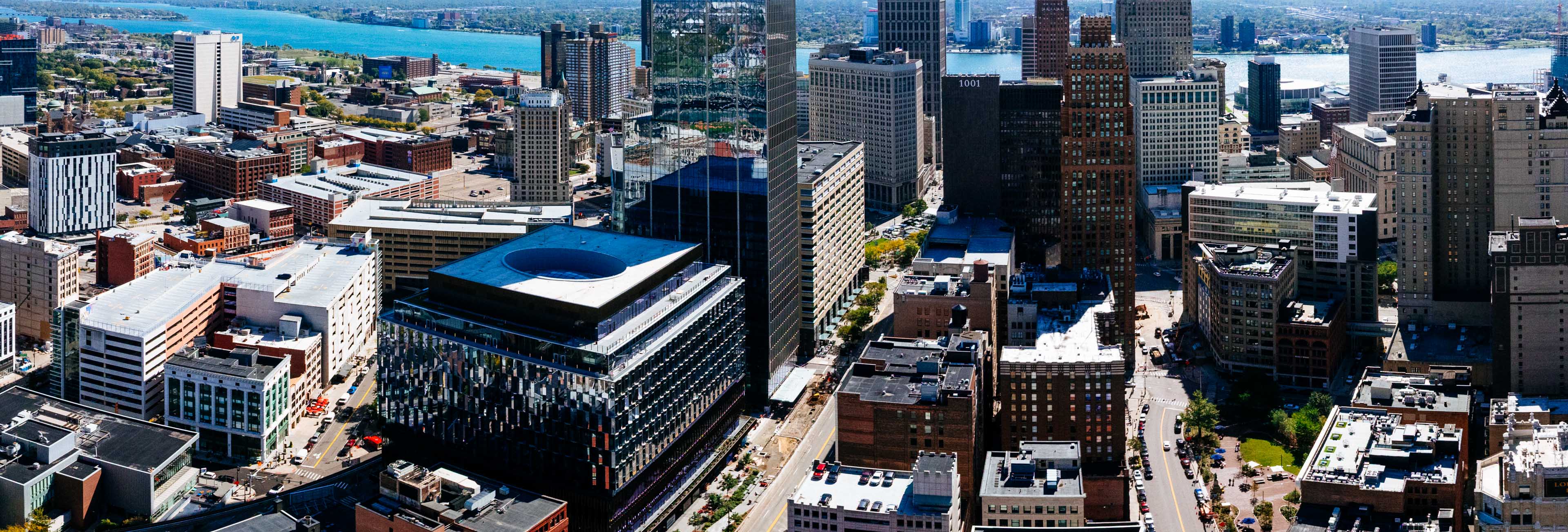 Annotated aerial panorama from Library St. down Woodward Avenue to Capitol Park