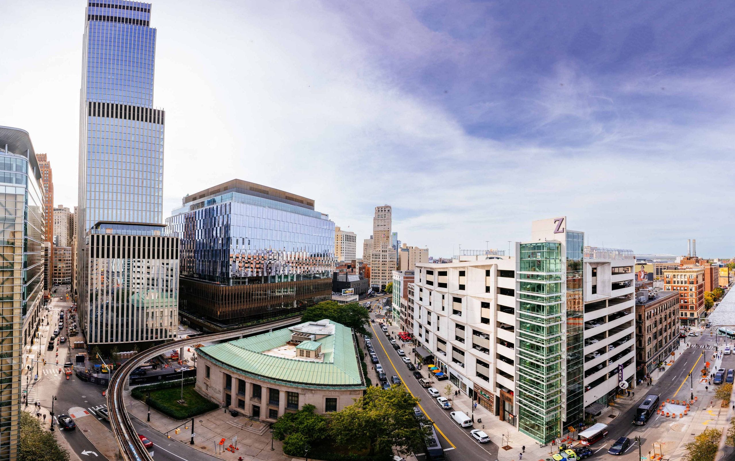 Aerial panorama over Library and Farmer streets with the Z lot and Hudson's site